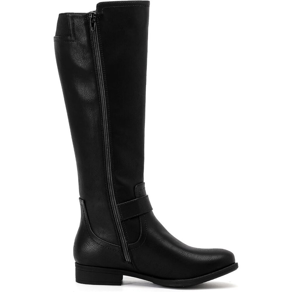 Women's Leather Black Knee High Flat Tall Zipped Round Toe Winter Casual Boot - Picture 3 of 6